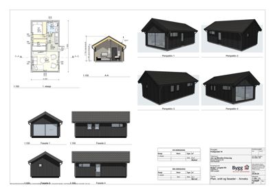 Tegning som viser fasadeoppsett, snitt og 3D-perspektiver for en bygning.