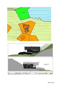 Bildet viser en situasjonsplan med tomtetegning (grønne og oransje områder) og to fasadeopprikk (svarte og grå tegninger) av en hytte.