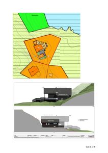 Bildet viser en situasjonsplan med fargekodet tomt (orange for hytteareal, grønn for badeplass) og etasjeplaner for eksisterende og nybygget hytte. Under planene er det også en fasadetegning og et snitt som viser bygningens plassering i terrenget.