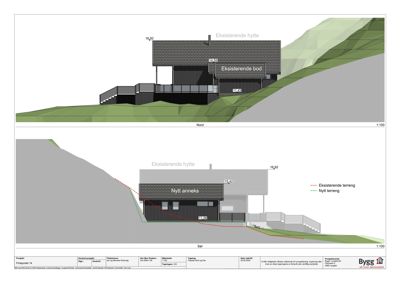Snittegning som viser bygningens høydeprofil, terrengforhold og plassering i forhold til eksisterende og nytt terreng.
