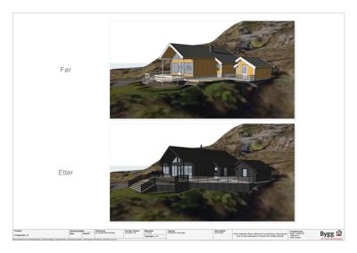 3D-visualisering av en bygning før og etter en endring (farge og fasade), sett fra en vinkel.