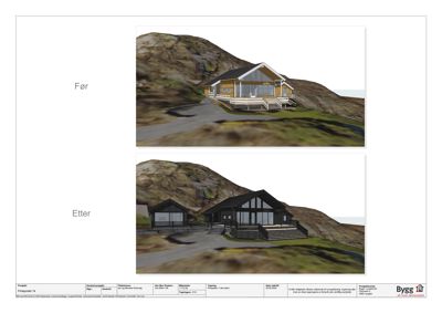 3D-visualisering av en bygning før og etter en endring, sett fra utsiden.