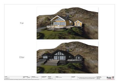 3D-visualisering som viser et hus før og etter en ombygging eller nybygging.