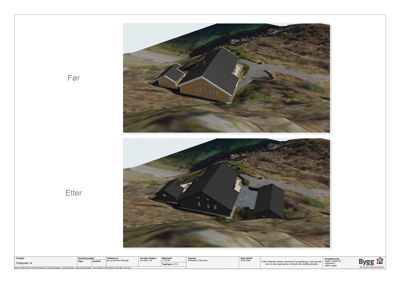 Fotografisk sammenligning av et byggeprosjekt før og etter utført arbeid, vist i 3D.