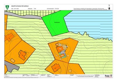 Situasjonsplan (tomtekart) som viser tomtens form, høydeforhold (konturlinjer), vannkropp, og plassering av eksisterende og planlagt bygninger.