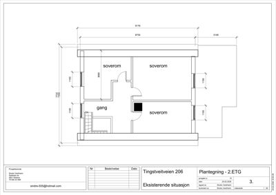 Plantegning av 2. etasje (2.ETG) med romfordeling (soverom, gang) og dimensjoner.