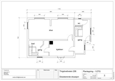 Plantegning av første etasje (1.ETG) for Tingstveitveien 206, som viser romfordeling (stue, kjøkken, bad, WC) og dimensjoner.