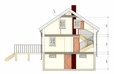 Snittegning som viser tverrsnittet av en bolig, inkludert etasjer, vinduer, dører, trapp og takkonstruksjon.