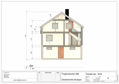 Snittegning av eksisterende situasjon for Tingstveitveien 206, som viser tverrsnitt gjennom huset med høyder, vinduer og trapp.