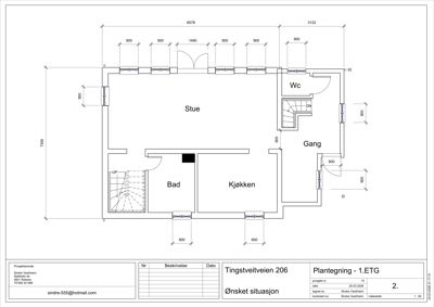 Etasjeplan (1. etasje) med romfordeling (Stue, Kjøkken, Bad, Wc, Gang), dimensjoner og situasjonsbeskrivelse.
