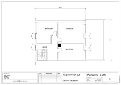 Etasjeplan (2. etasje) med romfordeling (soverom, gang) og dimensjoner.
