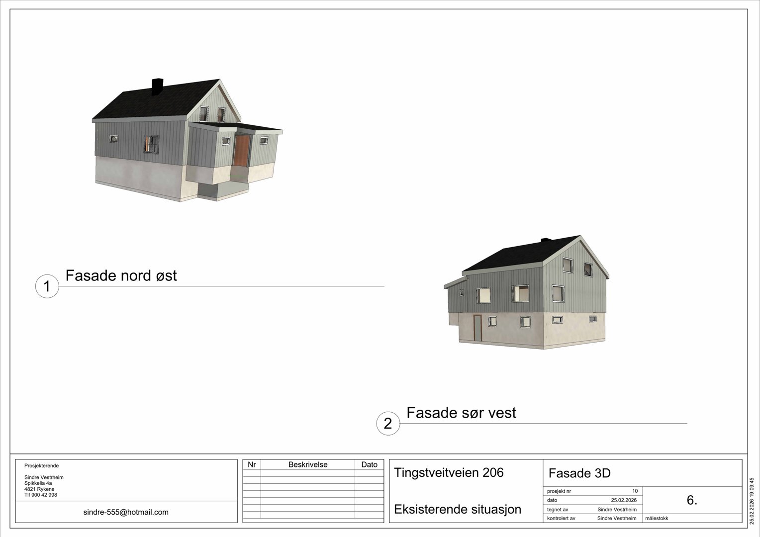 Bildet viser to 3D-visualiseringer (renderinger) av en eksisterende bygning sett fra ulike vinkler (nord-øst og sør-vest).