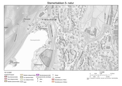 Kart over Fjøsanger med skredfarekartlegging for Stamerbakken 5