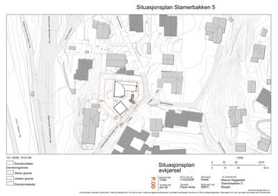 Situasjonsplan som viser eiendomsflater, eiendomsgrenser, sikker grense, usikker grense og eiendomstekster for Stamerbakken 5.