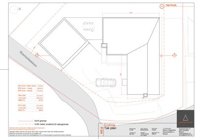 Takplan (takutsikt) som viser bygningens form, plassering på tomten, takterrassens beliggenhet, samt dimensjoner og arealoppdelinger (BRA, BYA, RYA).