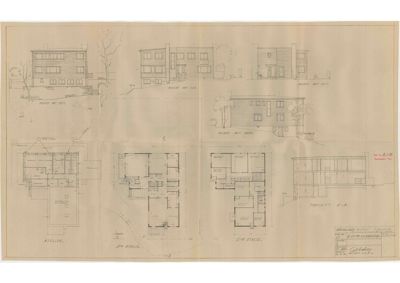 Et sammensatt ark med flere tegninger av en bygning, inkludert etasjeplaner (1. etg, 2. etg, 3. etg) og fasadeopprikk.