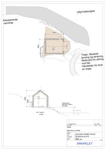 Situasjonsplan som viser plassering av nytt naust i forhold til eksisterende vannlinje, brygge og terreng. Inneholder også snitt og detaljer for trapp og sikring.
