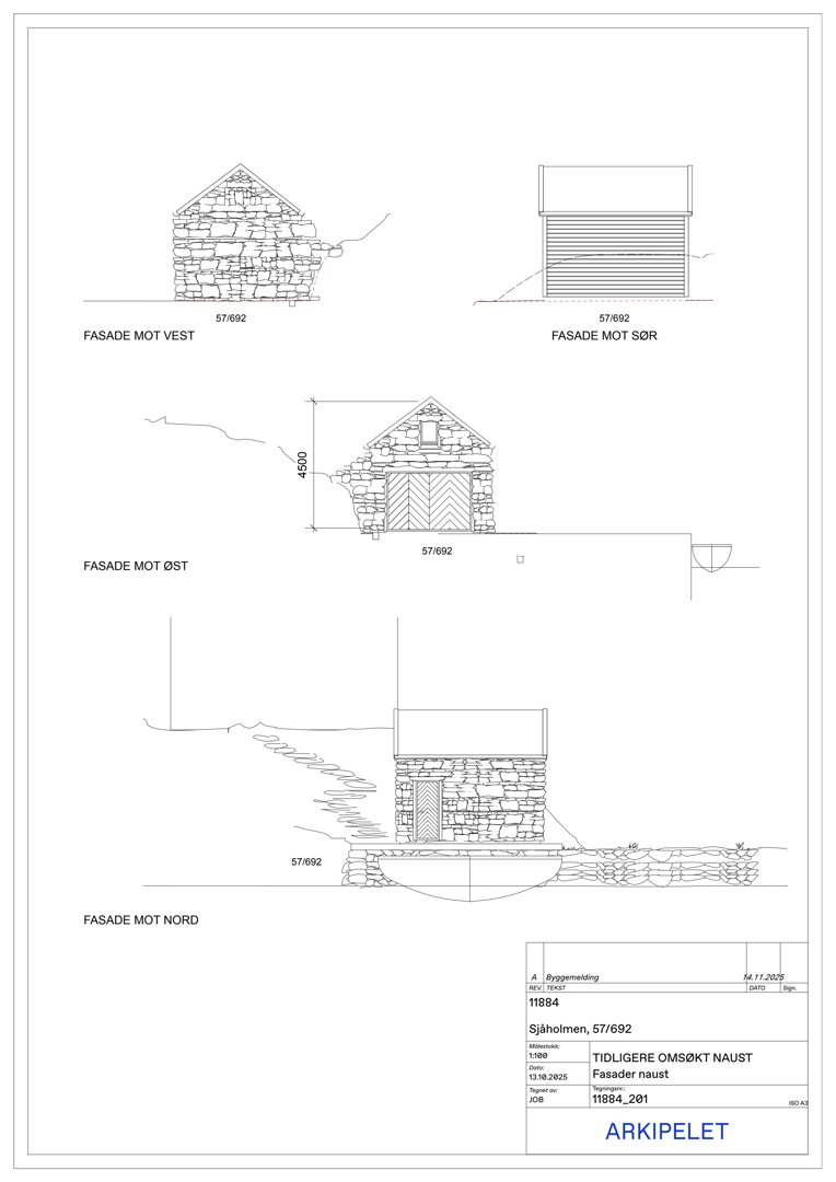 Fasadetegning som viser oppriss av en bygning (tidligere naust) sett fra fire sider: vest, sør, øst og nord.