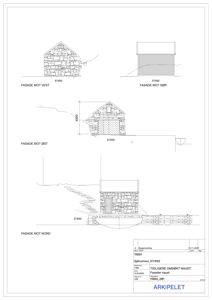 Fasadetegning som viser oppriss av en bygning (tidligere naust) sett fra fire sider: vest, sør, øst og nord.