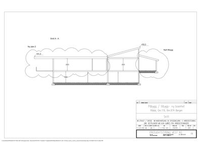Snittegning (Snitt A-A) som viser tverrsnittet av en bygning med høydeangivelser (+453.3) og konstruksjonsdetaljer.