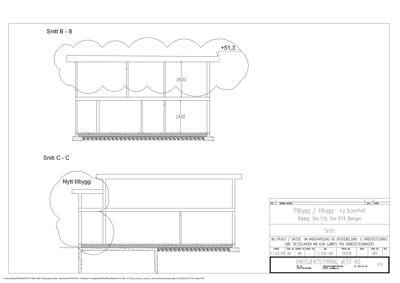 Snittegning som viser tverrsnittet av en nybygget bygning (Påbygg / tilbygg - ny boenhet) med angitte høyder og konstruksjonsdetaljer.