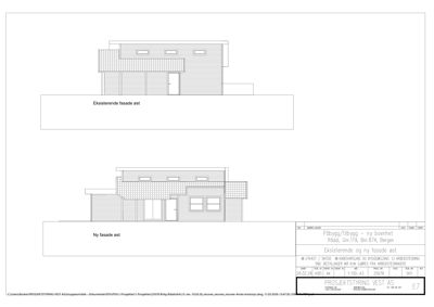 Tegning som viser eksisterende og ny fasade sett fra øst.