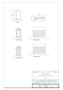 Fasadetegning og snitt for en sportsbod med oppgitt mål og retninger (nord, øst, vest, sør).