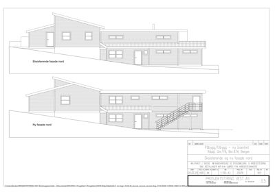 Tegning som viser eksisterende og ny fasade sett fra nord.