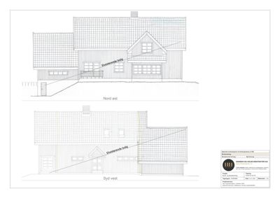 Fasadetegning som viser bygningens utseende sett fra Nord øst og Syd vest.