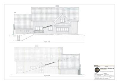 Fasadetegning som viser bygningens utseende sett fra Nord øst og Syd vest.
