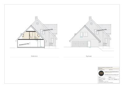 Bildet viser en snittegning (Snitt A-A) og en fasadetekning (Syd øst) av en bolig, som illustrerer både innekonsentrasjon og utvendig utforming.