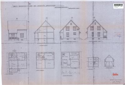 Bildet viser en tegning med fasadeoppvisninger (fra flere vinkler) og etasjeplaner for en bygning.