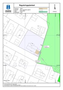 Reguleringsplankart som viser eiendomsgrenser, naboeiendommer og avstander til nabogrenser og vei.