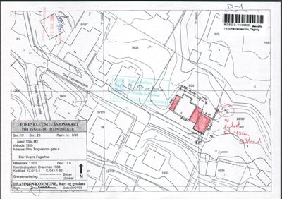 Forenklet situasjonskart som viser bygningens plassering i forhold til nabolag, vegnett og eiendomsgrenser.