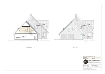 Bildet viser en snittegning (Snitt A-A) og en fasadetegning (Syd øst) av en bolig.