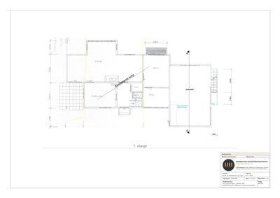 Etasjeplan for 1. etasje som viser romfordeling, veggposisjon og dimensjoner.