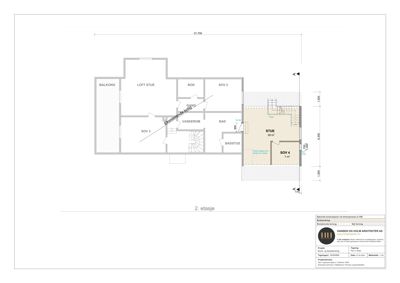 Etasjeplan for 2. etasje som viser romfordeling, størrelser og veggtykkelse.