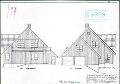 Fasadetegning som viser to sider av en bygning, merket 'MOT NORDVEST' og 'MOTSØDST'.