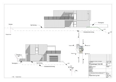 Fasadetegning som viser bygningens utseende sett fra nord og vest, inkludert terrengforhold og eksisterende/nytt terreng.