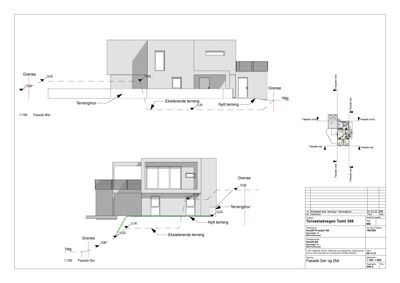 Tegning som viser fasadeoppsettet for bygningen sett fra sør og øst, inkludert terrengforhold og høyder.