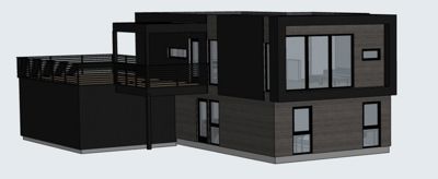 3D-visualisering av en moderne, fleretasjers bolig med mørk fasade, store vinduer og en terrasse.