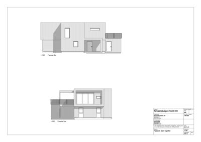 Fasadetegning som viser bygningens utseende sett fra sør og øst.