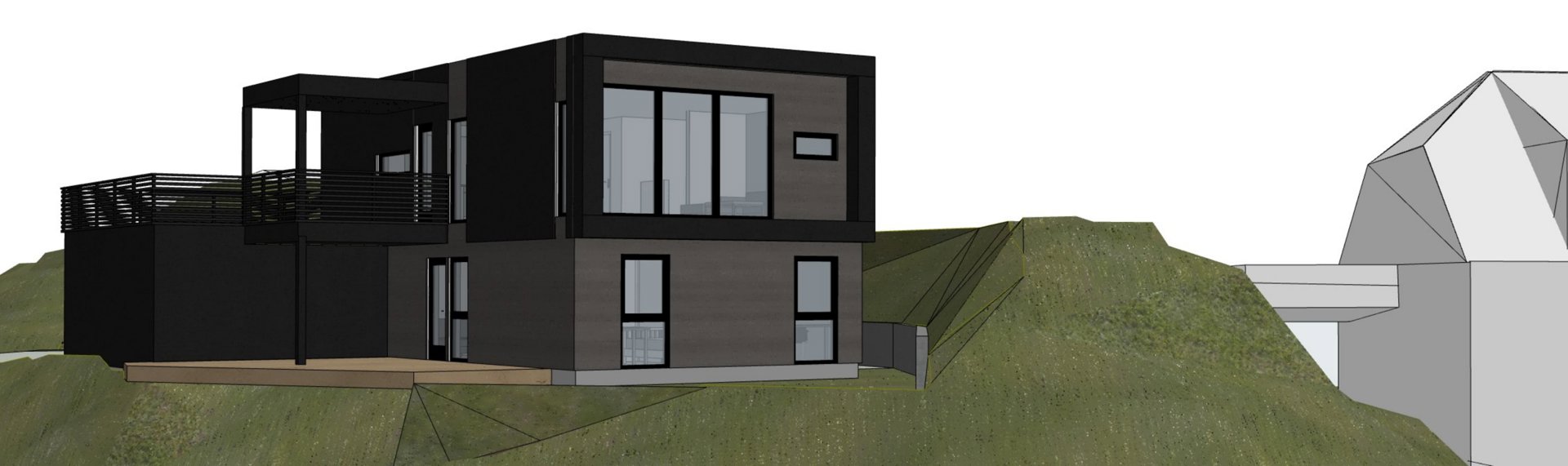 3D-visualisering av en moderne, svart og grå villa sett fra siden, plassert på en grønn bakke.