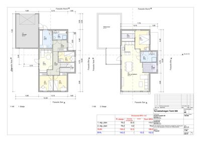Plantegning som viser romfordeling og dimensjoner for 1. og 2. etasje i en bolig.
