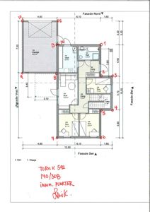 Etasjeplan (1. etasje) med romfordeling, dimensjoner og fasader.