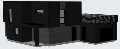 3D-visualisering (rendering) av en moderne, mørk bygning sett fra en vinkel som viser fasade og deler av taket.