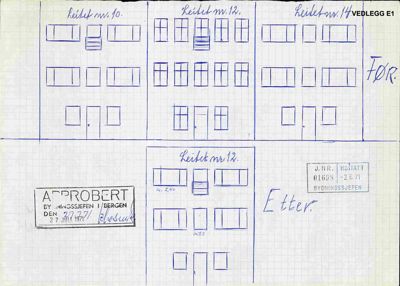 Håndtegnet etasjeplan som viser romfordeling for tre leiligheter (nr. 10, 12 og 14) i et hus. Tegningen er merket med 'Før' og 'Etter', og inneholder en godkjenningssignatur fra Bergen bygningsjefen.