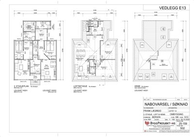 Etasjeplaner for et leilighetsprosjekt som viser romfordeling, mål og plassering for 2. etasje, loftsetasje og HEMS.