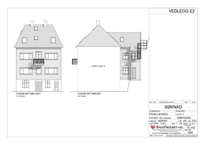 Fasadetegning som viser bygningens utseende fra to sider (Sør-Vest og Sør-Øst).