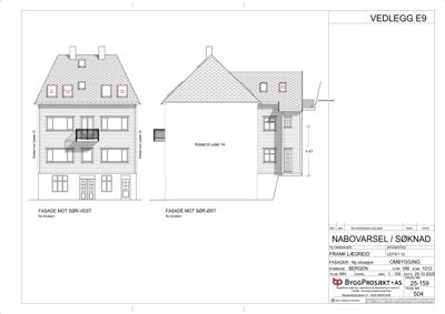 Fasadetegning som viser bygningens utseende fra to sider (SØR-VEST og SØR-ØST) med detaljer om vinduer, dører og takform.